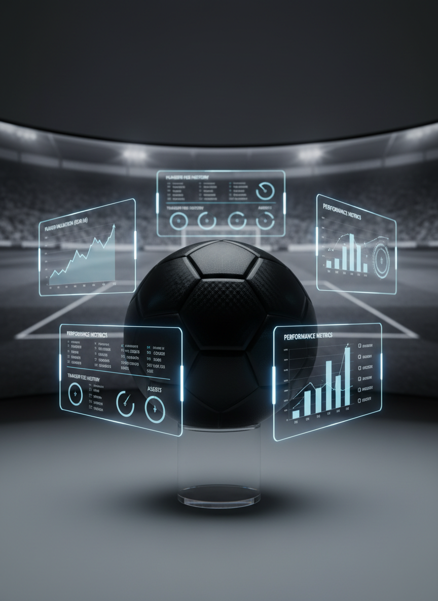 A sleek, matte-black football resting on a transparent acrylic stand, surrounded by floating translucent data panels displaying player valuation graphs, transfer fee timelines, and performance metrics. The ball’s textured surface catches subtle reflections from a large curved LED screen behind it, showing a blurred, monochrome football pitch. Cool, diffused studio lighting creates crisp highlights and soft shadows, emphasizing precision and clarity. Shot at eye level with a shallow depth of field so the data remains legible while the background gently blurs. The mood is analytical, professional, and forward-looking, with a clean, photographic realism that conveys Price QΨantix as the intelligence layer for understanding football value.